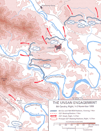 A map with multiple arrows converging toward Unsan