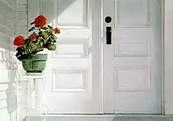 striking photo-realistic oil painting of white porch with double-doors, geranium plant on white stand