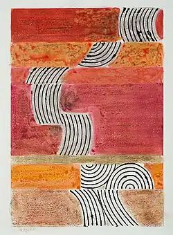 A vertical black-and-white marble column broken across horizontal bands of red and orange