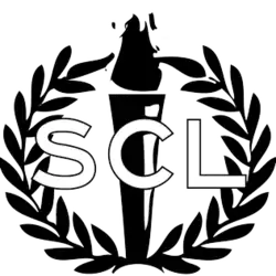 A torch surrounded by a laurel wreath with the letters SCL imposed over them