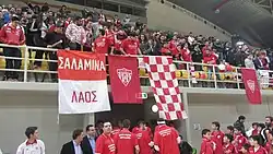 Nea Salamina Famagusta VC fans at Spyros Kyprianou Athletic Center, celebrating Cyprus Volleyball Division 1 2012-2013