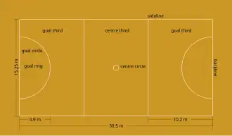 Diagram of netball court. Court is divided into thirds. Dimensions list on diagram. Position listed on diagram.