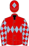 RED, light blue triple diamond, light blue diamonds on sleeves, light blue diamond on cap