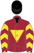 Maroon, yellow inverted triangle, yellow chevrons on sleeves, black cap