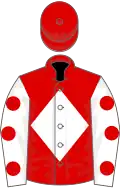 Red, white diamond, white sleeves, red spots, red cap
