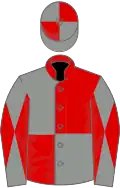 Red and grey (quartered), grey and red diabolo on sleeves, quartered cap