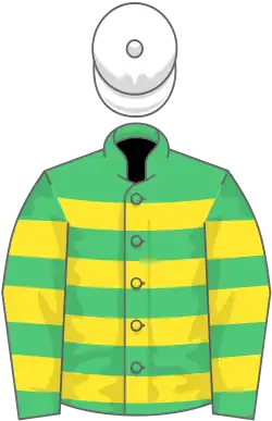 Emerald green, yellow hoops, white cap