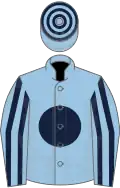 Light blue, dark blue disc, striped sleeves, hooped cap