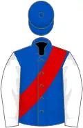 Royal blue, red sash, white sleeves