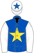 Royal blue, yellow star, white sleeves, white cap, royal blue star