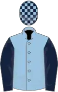 Light blue, dark blue sleeves, check cap