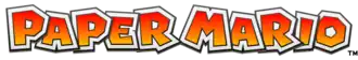 The words "Paper Mario" in an outlined blocky font. The color transitions vertically from red to orange. The words have a rough paper texture.
