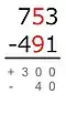The smaller number is subtracted from the greater: 90 − 50 = 40 Because the minuend is smaller than the subtrahend, this difference has a minus sign.