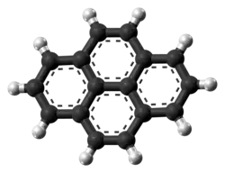Ball-and-stick model of the pyrene molecule