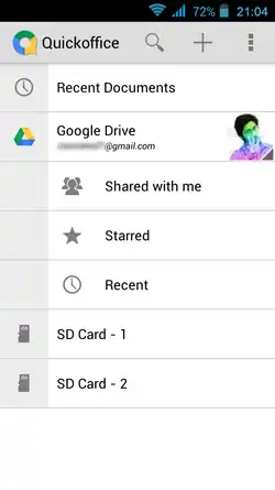 Quickoffice is shown running on the Android operating system. Part of the electronic mail address displayed has been redacted for privacy reasons.