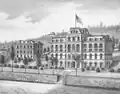 An engraving of the lab on the left next to the Main Building circa 1879