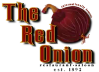 Stylized lettering saying "The Red Onion" in red with yellow trim, descending further rightward with each word. A drawn red onion rests, tilted, on the right. Above it are the curved words, in small type "Internationally famous", with "saloon … restaurant … established 1892" below in similar type