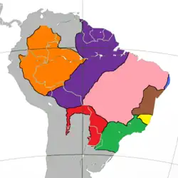 Map showing distribution of different Sapajus species in South America