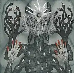 A drawing of a dark gray, humanoid figure with four arms, two with regular hands and the other two with snakes, and an oddly-shaped head.
