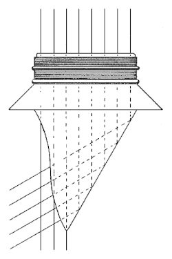 A wedge of glass, in cross-section a right-angled triangle hung from the shortest side, with light passing downwards through the shortest side, hitting the hypotenuse, and bouncing out near-horizontally from the third side. The top of the wedge has ridges for setting it into a frame, and some of the light misses the wedge and continues downwards.