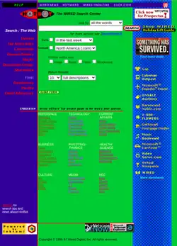 Screenshot of HotBot search engine as it appeared in 1997, with directory categories and a bright blue and green page background