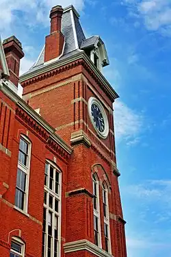 An image of the red-bricked Seney Hall and its clocktower