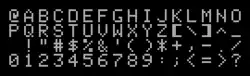 A table with four rows of 16 pixelated characters. There is no room for lowercase letters. The square bracket characters are noticeably thicker than the other symbols.