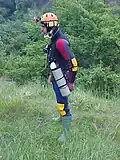 Simplified British cave diving sidemount harness, side view.
