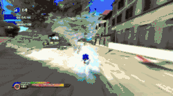 Sonic blasts through city streets in one of the levels of Sonic Unleashed, a European-themed world called Rooftop Run.