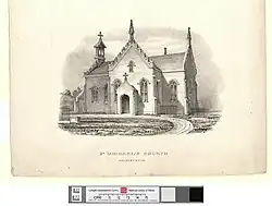 A print c.1850 showing Haycock's early-19th century church in a Strawberry Hill Gothick style