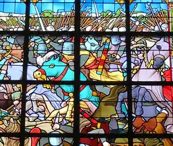 A detail of one of the stained-glass windows installed in the parish church of Bouvines in 1914