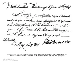 a letter naming three men as delegates from the North Carolina Society of the Cincinnati to a National Meeting in May 1784 with Sumner's signature at the bottom