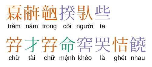 The characters ｢𤾓𢆥𥪞𡎝𠊛些．𡨸才𡨸命窖𱺵恄𠑬𠑬．｣ corresponding to "Trăm năm trong cõi người ta. Chữ Tài chữ Mệnh khéo là ghét nhau." in the Vietnamese alphabet