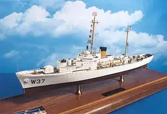 Completed Revell USCGC&nbsp;Taney&nbsp;(WHEC-37) model. Originally issued in 1956,[citation needed] it was among the earliest injection molded plastic ship model kits.
