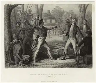 Tecumseh and Harrison facing each other with weapons drawn