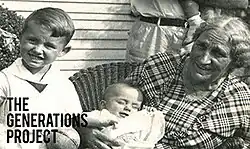 A black-and-white photograph of a family with the words 'The Generations Project' above