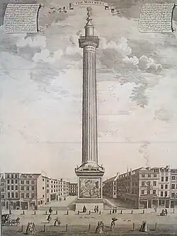 The Monument depicted in a picture by Sutton Nicholls,  1753
