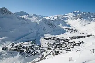 Tignes Le Lac taken from the Aiguille Pierce mountain, with views of Val Claret in the background