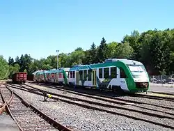 Three LINT&nbsp;27 railcars in Steinebach-Bindweide depot