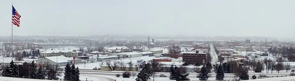 Great Falls in the winter. The Missouri River and Flag Hill are pictured leftmost, with the downtown area to the right.
