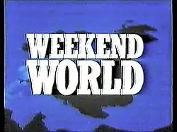 A sillouhette of the British Isles on a blue background, overlaid with 'Weekend World' written in large white capitals