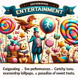 A detailed but poorly-done illustration a man surrounded by candy, themed vaguely after Roald Dahl's Willy Wonka. Text above and below are misspelled or nonsense. Shapes morph and blend into one another.