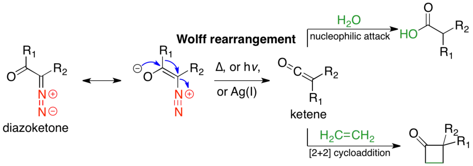 The Wolff rearrangement and subsequent trapping of the ketene intermediate with a weak acid or olefin.