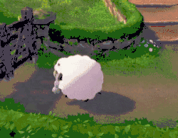 A Wooloo (depicted as a short, round sheep) rolling into a fence.