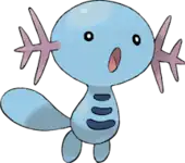 A small blue creature with pink gills jutting out the sides of its head. It lacks arms, and has a short, stubby tail. It has an expression of shock on its face.