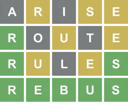 A four-row grid of white letters in coloured square tiles, with 5 letters in each row, reading ARISE, ROUTE, RULES, REBUS. The A, I, O, T, and L are in grey squares; the R, S, and E of ARISE, U and E of ROUTE, and U and E of RULES are in yellow squares, and the R of ROUTE, R and S of RULES, and all letters of REBUS are in green squares.